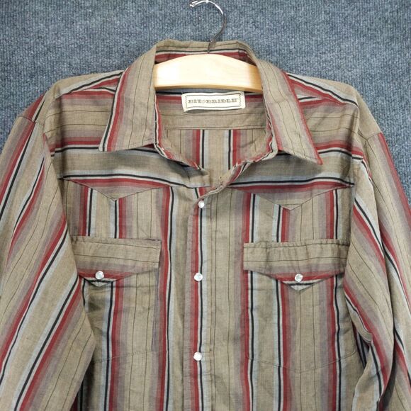 Bit & Bridle Mens Western Shirt Long Sleeve Pearl Snaps Striped SZ XL Brown Red - Picture 7 of 12